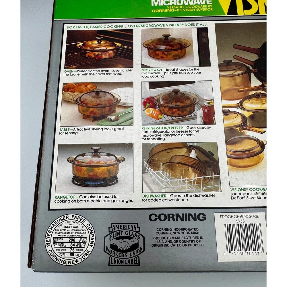 New Open Box Vintage Corning Visions Amber 2.5 Qt Ribbed Casserole Dish V-33